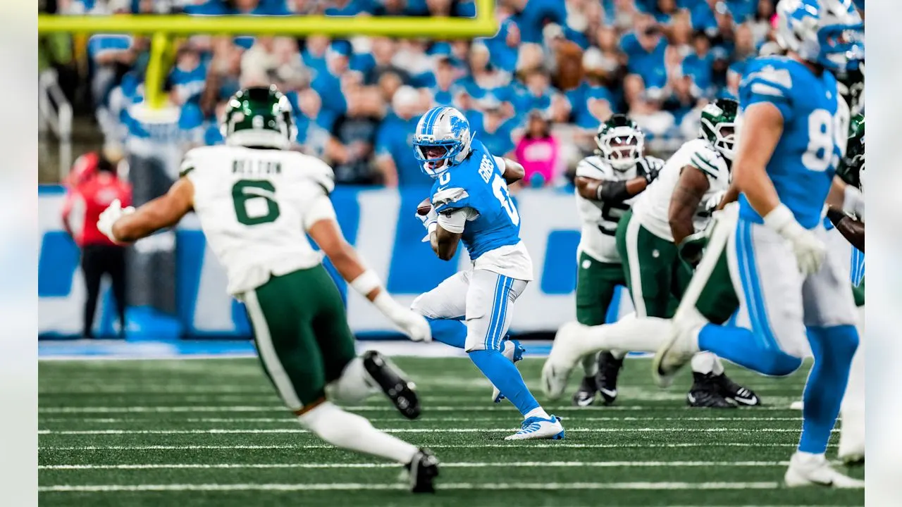 Detroit Lions running back Jahmyr Gibbs (0) during an NFL football game against the New York Jets on Sunday, Sept. 27, 2026 in Detroit. (Detroit Lions via AP)