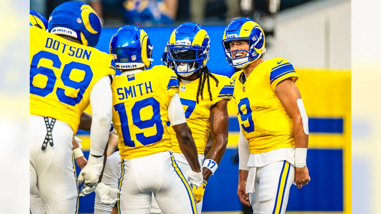 Offensive Kevin Dotson (69), offensive Kevin Dotson (69), quarterback Matthew Stafford (9) and wide receiver Davante Adams (17) during the regular season game against the New York Giants on Monday, Sept. 21, 2026, at SoFi Stadium in Inglewood, CA. (Abigail Dean /Los Angeles Rams)