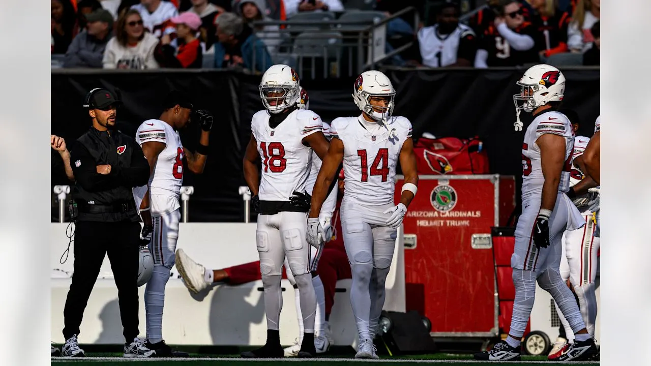 Arizona Cardinals wide receiver Michael Wilson (14) and Arizona Cardinals wide receiver Marvin Harrison Jr. (18) during the Week 17 regular season game between the Arizona Cardinals and the Cincinnati Bengals on Sunday, Dec. 28, 2025 in Cincinnati, OH.