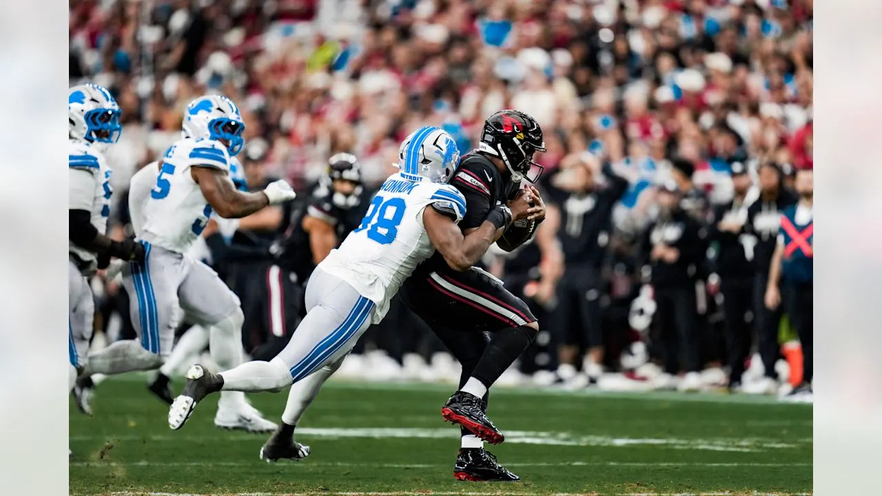 Detroit Lions edge rusher DJ Wonnum (98) sacks Arizona Cardinals quarterback Jacoby Brissett during an NFL football game against the Arizona Cardinals on Sunday, Oct. 11, 2026 in Glendale, Ariz. (Detroit Lions via AP)
