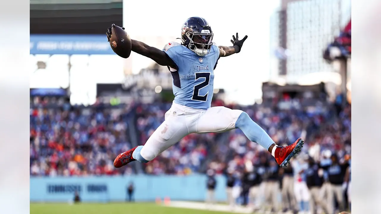 Tennessee Titans running back Tyjae Spears (2) runs the ball to score a touchdown during an NFL football game against the Kansas City Chiefs on Sunday, December 21, 2025 in Nashville, Tennessee.