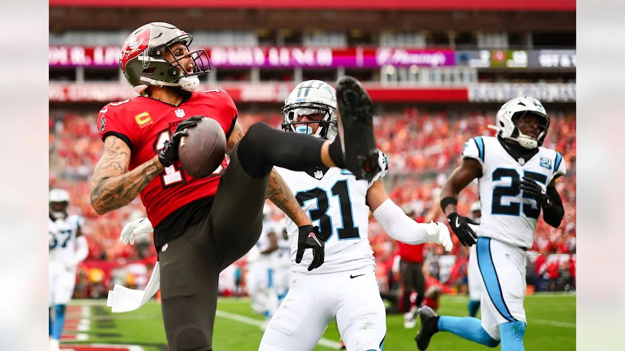 Tampa Bay Buccaneers wide receiver Mike Evans (13) celebrates after a touchdown during an NFL football game against the Carolina Panthers on Sunday, December 29, 2024 in Tampa, Florida.