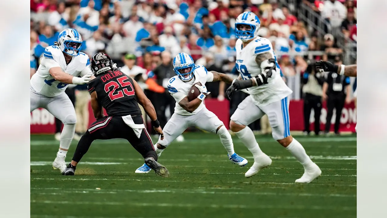 Detroit Lions running back Jahmyr Gibbs (0) during an NFL football game against the Arizona Cardinals on Sunday, Oct. 11, 2026 in Glendale, Ariz. (Detroit Lions via AP)