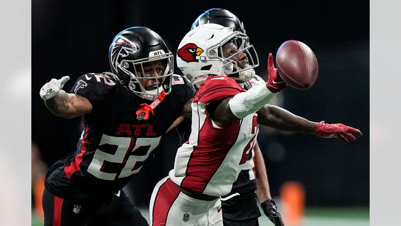 Arizona Cardinals wide receiver Marquise Brown (2) misses the pass against Atlanta Falcons cornerback Cornell Armstrong (22) during the second half of an NFL football game, Sunday, Jan. 1, 2023, in Atlanta.